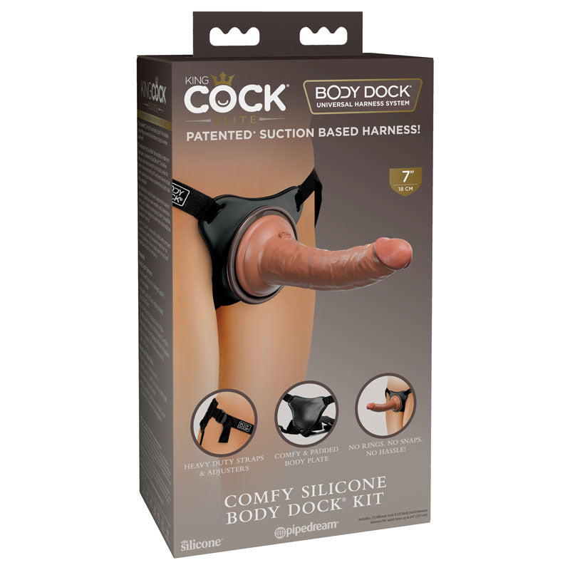 King Cock Elite Comfy Silicone Body Dock Kit - Body Dock Strap-On Harness with Tan 17.8 cm Dong