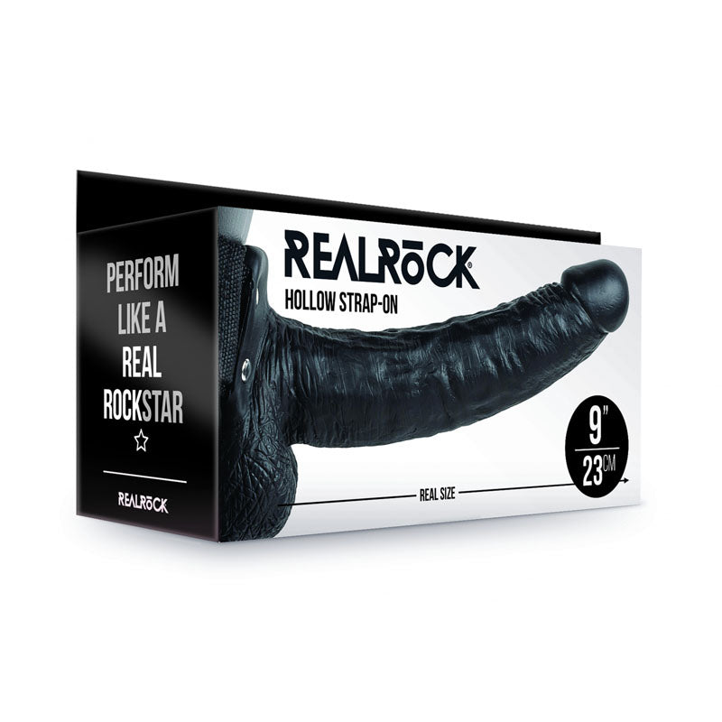 REALROCK Hollow Strapon with Balls - 23 cm Black - Black 23 cm Hollow Strap-On