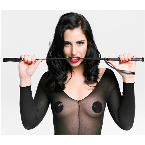 Flexible black riding crop with wrist strap and and coloured metal ferule and cap.