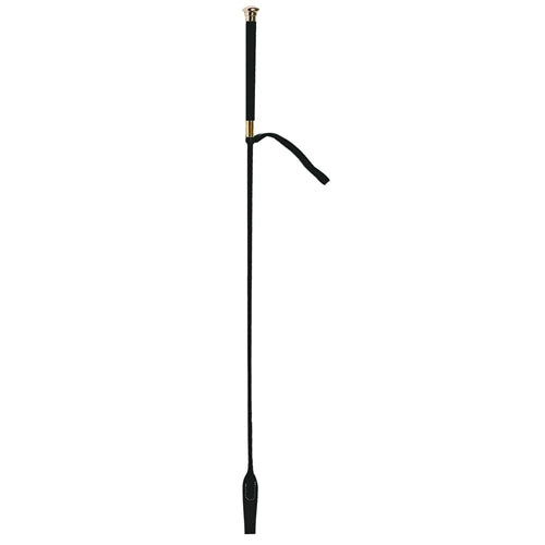 Flexible black riding crop with wrist strap and and coloured metal ferule and cap.