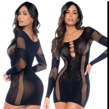 Long Sleeve Floral Fishnet Dress Black