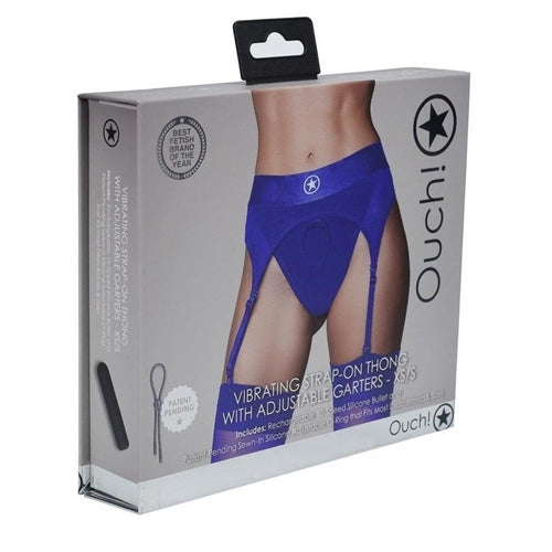 OUCH VIBRATING STRAP-ON THONG W/GARTERS BLUE XS/S