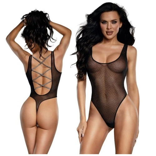 DreamGirl Sheer Mesh Rhinestone Teddy Black - One Size