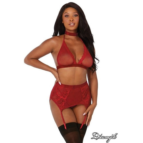 Dreamgirl Garnet- Bra Garter Belt & G String O/S