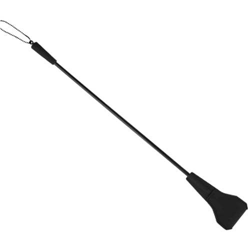Black riding crop with silicone tab and a flexible stem with a ball bearing chain handle.