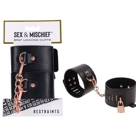 Sex & Mischief Brat Locking Cuffs -Black & Gold