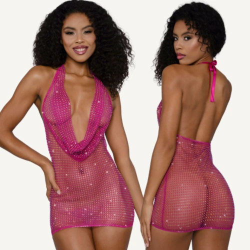 DreamGirl Rhinestone Cowl Neck Mini Dress Pink s/m