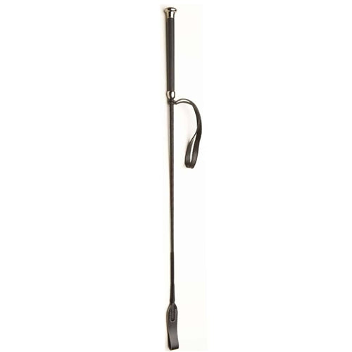 Flexible black riding crop with wrist strap and and coloured metal ferule and cap.