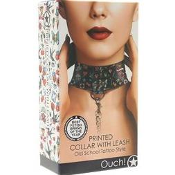 Ouch! Printed Collar With Leash - Old School Tattoo Style