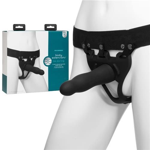 Be Daring 7in Bulbed Dong 2PC Hollow Silicone Strap on Set Black