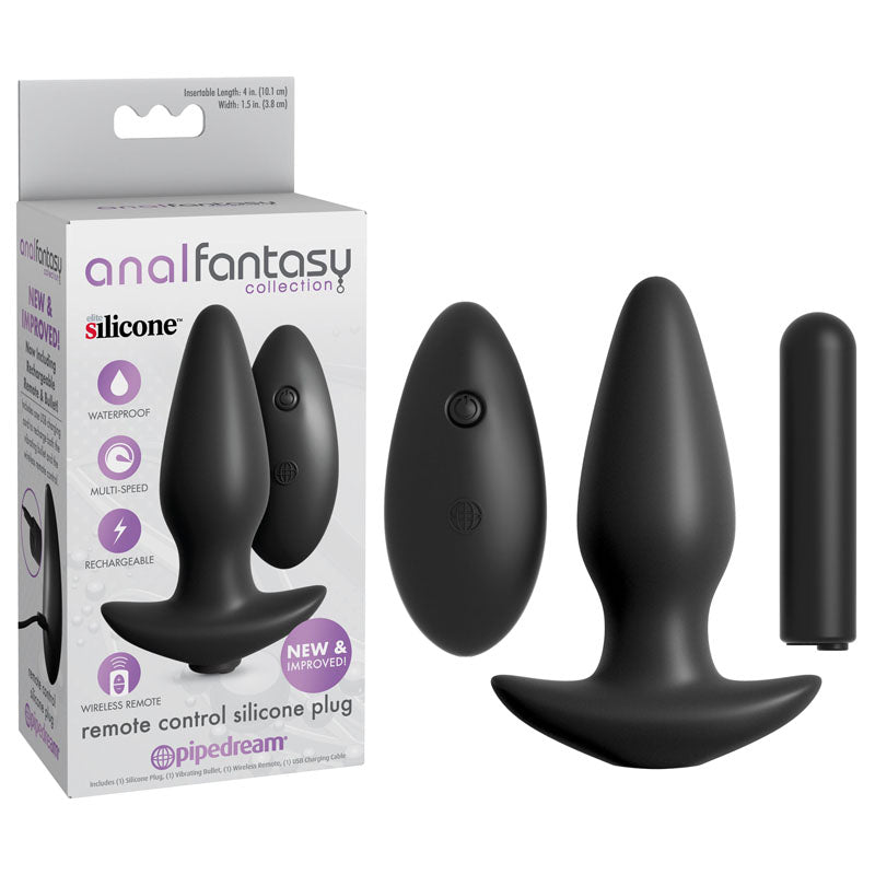 Anal Fantasy Collection Remote Control Silicone Plug - Black 10 cm (4'') Rechargeable Vibrating Butt Plug