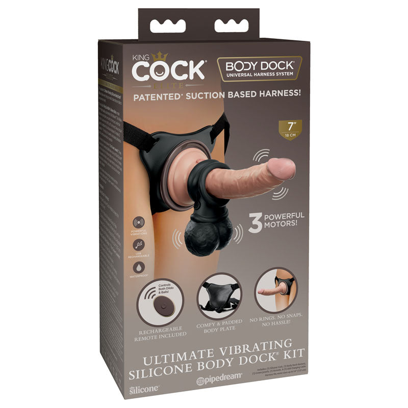 King Cock Elite Ultimate Vibrating Silicone Body Dock Kit - Body Dock Strap-On Harness with 17.8 cm Vibrating Dong & Vibrating Balls