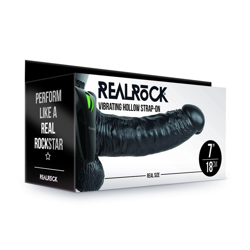 REALROCK Vibrating Hollow Strapon + Balls - 18cm Black - Black 18 cm Vibrating Hollow Strap-On