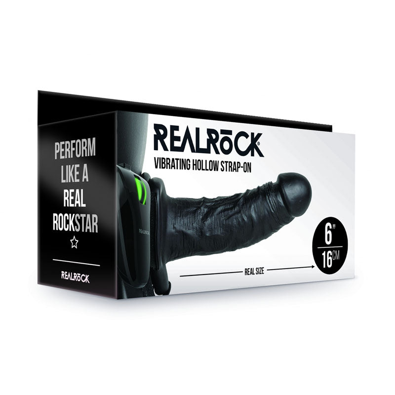 REALROCK Vibrating Hollow Strap-on - 15.5 cm Black - Black 15.5 cm Vibrating Hollow Strap-On