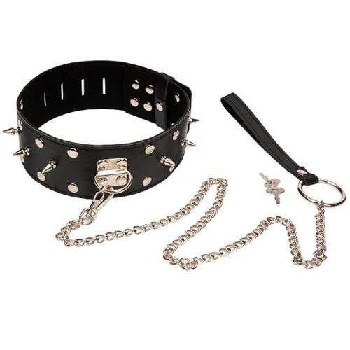 Black PU Leather Spike Collar and Leash with Padlock